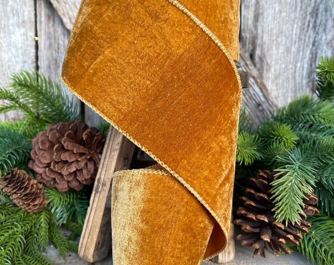 4" Antique Gold Wired Ribbon, Velvet Ribbon, Christmas Velvet Ribbon, 10 Yards