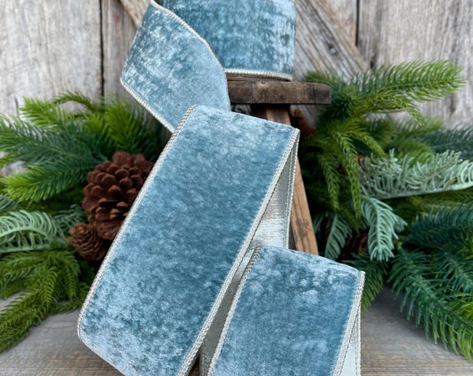 Aqua Celadon Velvet Wired Ribbon: Christmas Designer Ribbon, 2.5" x 5 Yards