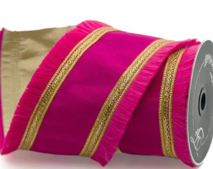 4" Hot Pink Festival Fringe Ribbon, Light Pink Christmas Ribbon, Pinkmas, Wired Ribbon, Farrisilk Ribbon, Pinkmas, Pink and Gold Ribbon