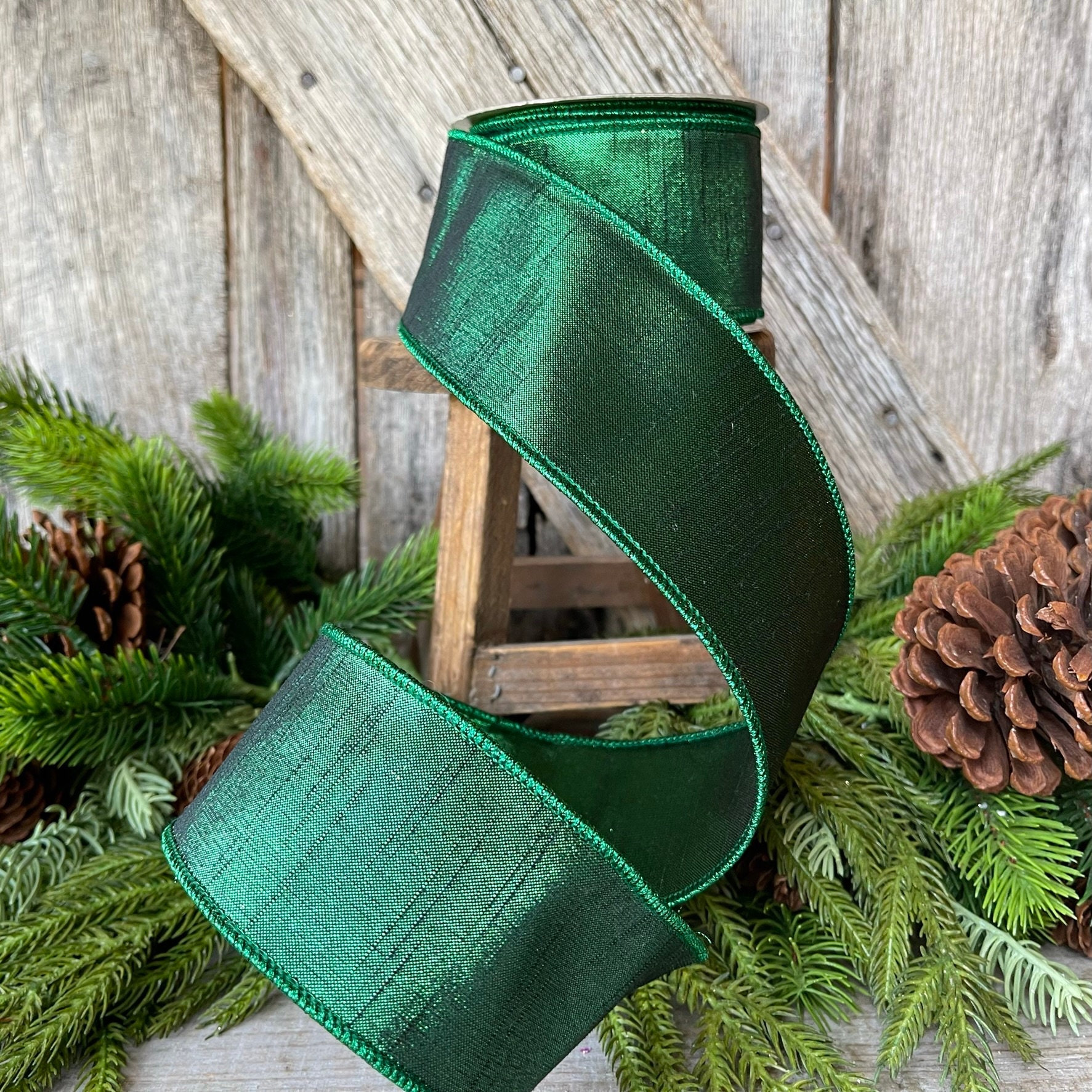 Emerald green 1.5 inch Farrisilk Christmas ribbon - 10 yards, wired