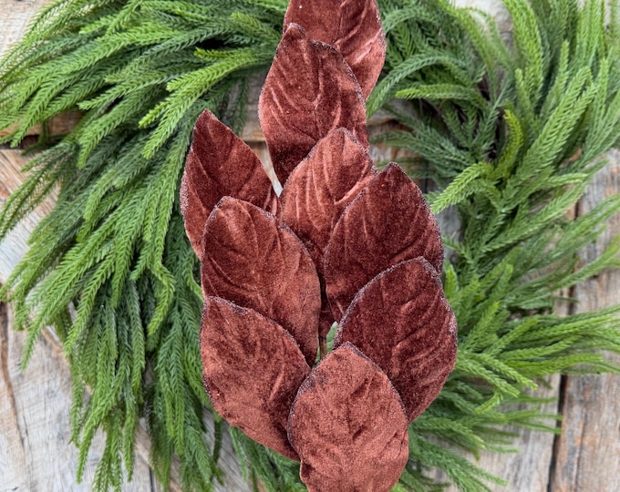30" Chocolate Brown Velvet Magnolia Leaf Spray with Glittered Edges