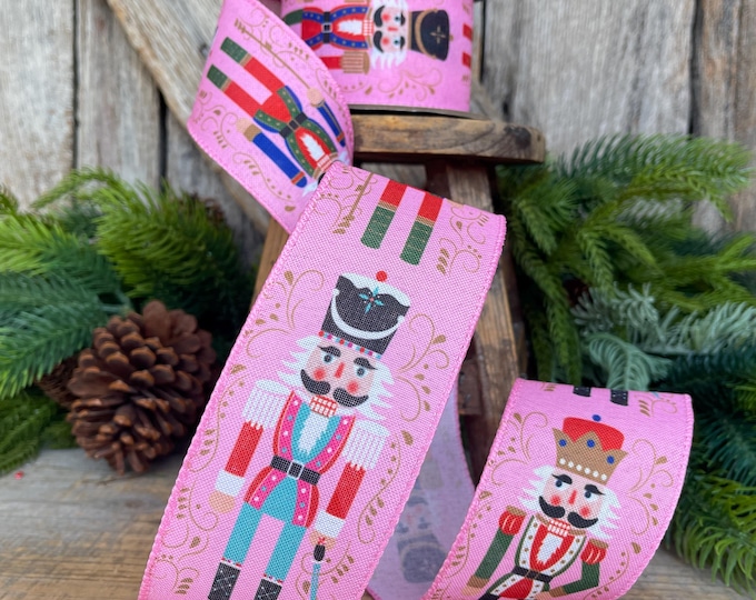 2.5" Pink Nutcracker Ribbon, Pink Ribbon, Pink christmas Ribbon, Nutcracker RIbbon, Wired Ribbon, Ribbon for bows, 94480W-061-40F