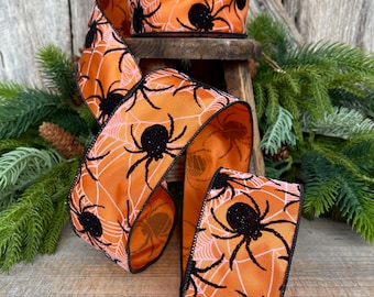 2.5" Orange Spider Ribbon, Farrisilk Ribbon, Halloween Ribbon, Wired Ribbon, Orange Halloween Ribbon, Flocked Spiders Ribbon,  RS143-52