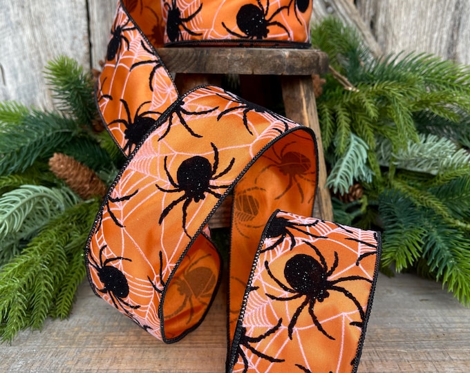 2.5" Orange Spider Ribbon, Farrisilk Ribbon, Halloween Ribbon, Wired Ribbon, Orange Halloween Ribbon, Flocked Spiders Ribbon,  RS143-52