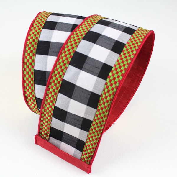 4" Check on Checks Wired Ribbon, Farrilk Ribbon, Black and White Checkered Ribbon, Mini Checkered Border, Wired Ribbon