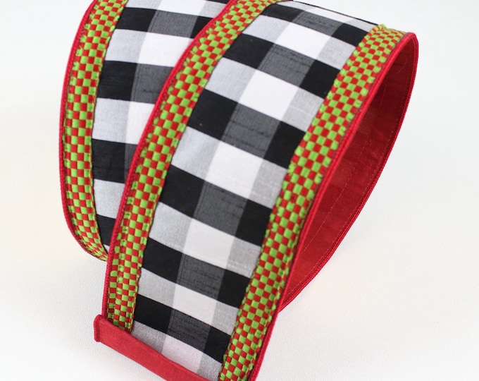4" Check on Checks Wired Ribbon, Farrilk Ribbon, Black and White Checkered Ribbon, Mini Checkered Border, Wired Ribbon