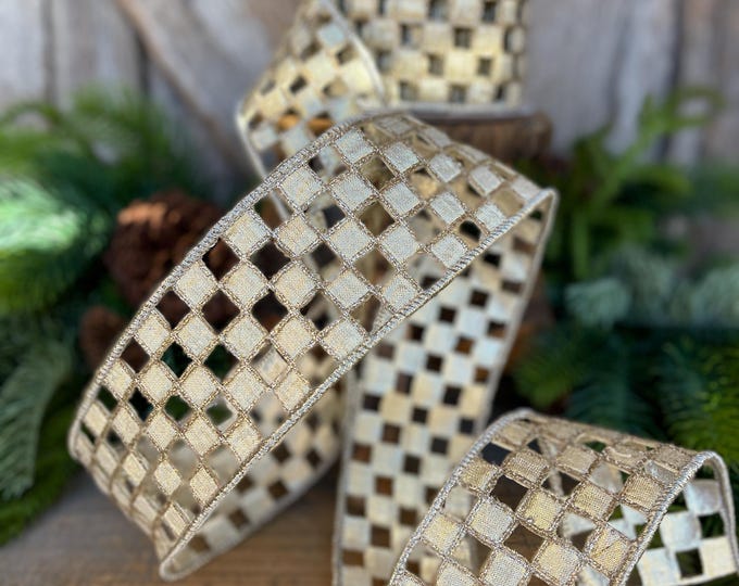 2.5" Silver Gold Checker Lace Ribbon, Farrisilk Ribbon, Christmas Ribbon