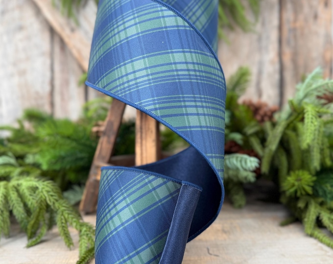4" Blue Green Christmas Plaid Ribbon, Black Watch Plaid Ribbon, Navy Blue Plaid