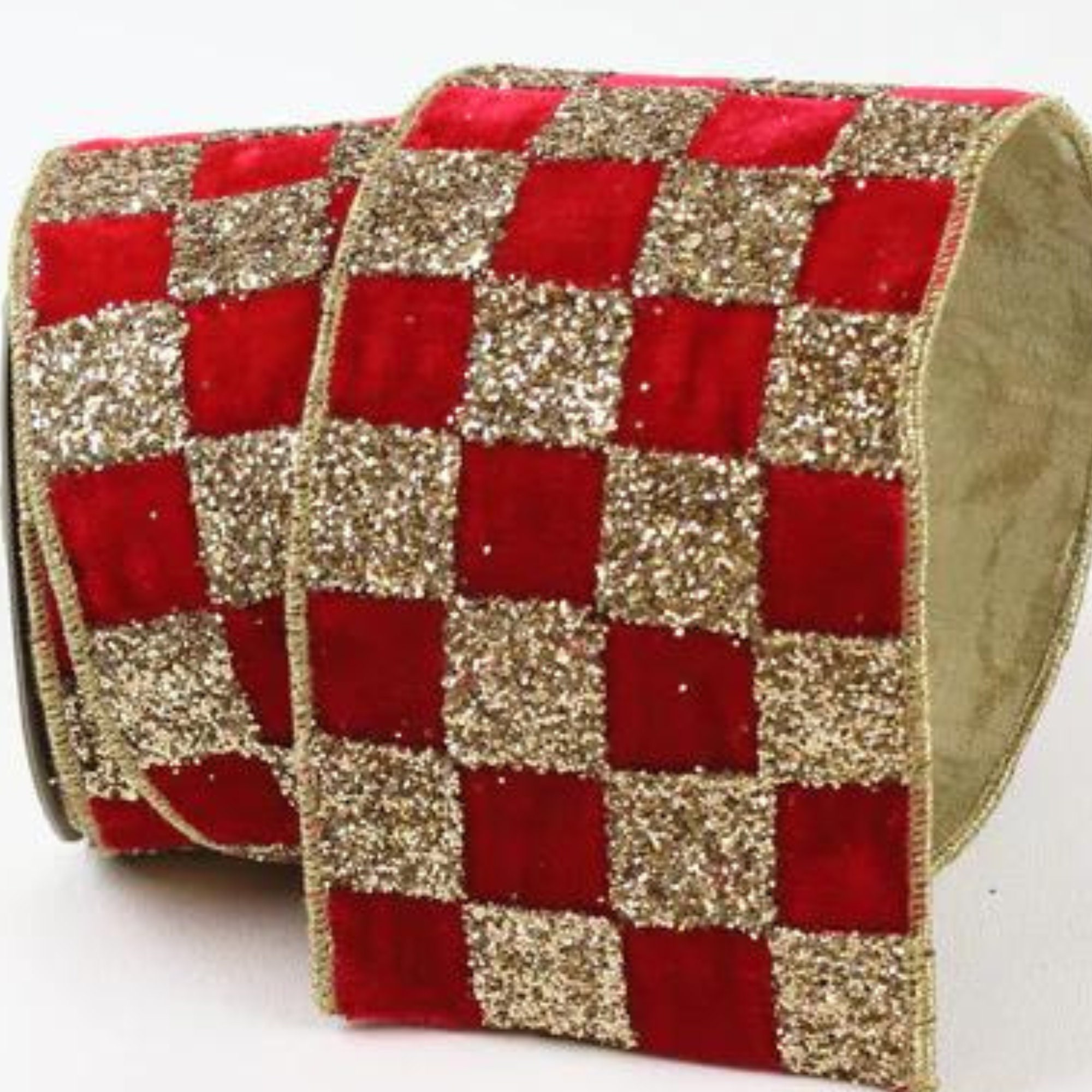 4 Red Gold Ribbon Glitter Checks, Christmas Tree Ribbon, Red Velvet