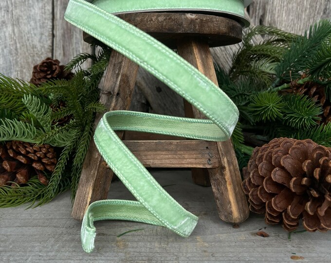 3/4" Mint Green Velvet Ribbon, Farrisilk Shabby Silk, 1 inch ribbon, mint ribbon, mint ribbon trim, wired ribbon, wreath supply, RG000-13