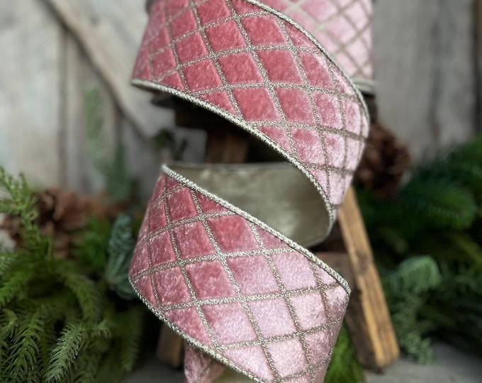 2.5" Pink Metallic Diamonds Velvet Ribbon, Farrisilk Ribbon, Christmas Tree Ribbon, Pink Harlequin Ribbon, Pink Velvet RIbbon, RG453-14
