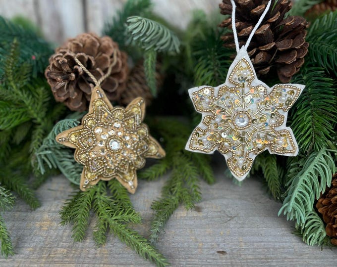 Set of 2 Gold Embroidered Ornaments, 4" Gold Ornaments, Star Ornaments, Gold Christmas Tree Ornaments, Gold Star Ornaments