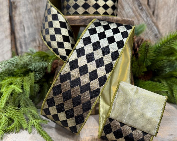 2.5" Black Gold Harlequin Ribbon, Diamond Ribbon, Black Gold Ribbon
