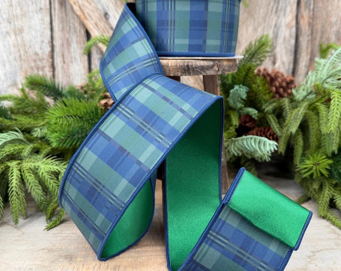 2.5" Blue Green Christmas Plaid Ribbon, Black Watch Plaid Ribbon, Navy Blue Plaid