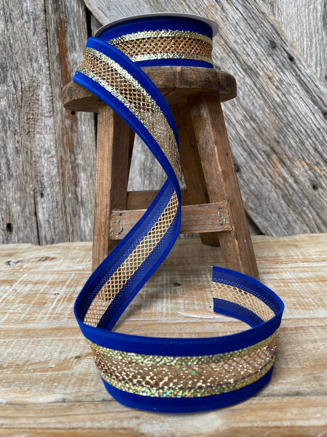 Blue ribbon blue gold ribbon Christmas ribbon luxury Etsy