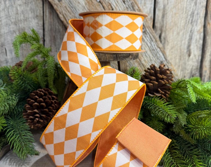 2.5" Orange Harlequin Ribbon, Fall Ribbon, Christmas Ribbon, Diamond Pattern