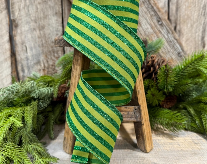 2.5" Lime Green Striped Ribbon, Christmas Ribbon