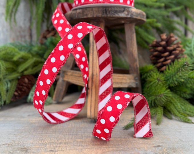 7/8" Red White Polka Dot & Glitter Candy Stripe Wired Ribbon, 10 Yard Roll