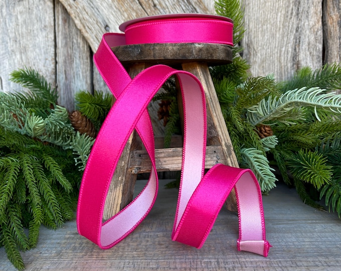 1" Hot Pink Light Pink Wired Satin Ribbon, Farrisilk Ribbon, Duo Satin Ribbon, Designer Ribbon, Pink Ribbon, hot pink, Craft Supply,RS162-08