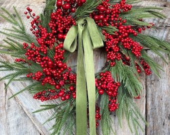 24" Christmas Red Berry Wreath, Cranberry Wreath, Red Wreath, Christmas Front Door, Woodsey Christmas Wreath, Artificial Wreath