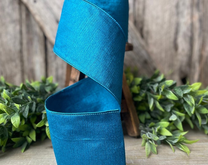 4" Turquoise Wired Ribbon, Ribbon, Shabby Silk, teal ribbon, blue ribbon trim, wired ribbon, wreath supply, floral supply