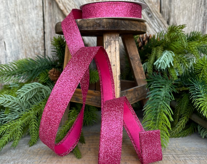 7/8" Hot Pink Glitter Ribbon, Wired Ribbon, Hot Pink RIbbon, Gift Wrap Ribbon, Pink Christmas RIbbon, Fuchsia Glitter Ribbon