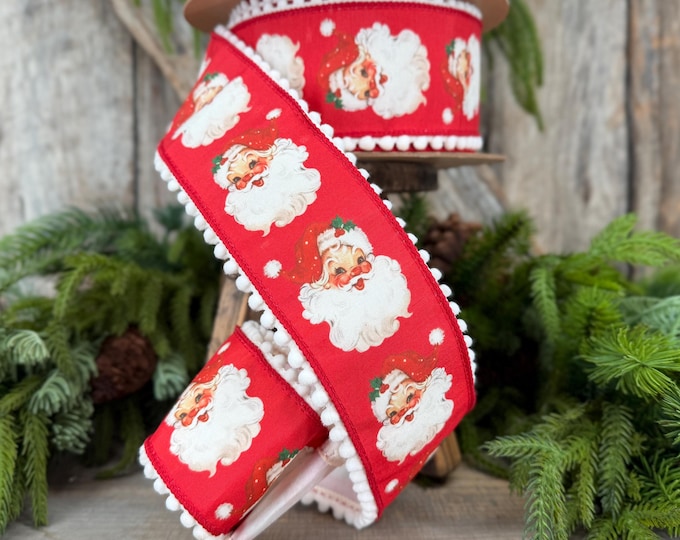 2.5" Santa Wired Ribbon, Red Christmas Pom Pom Edge, 10 Yard Roll