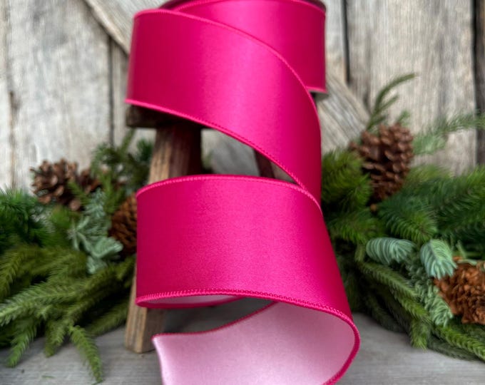 2.5" Hot Pink Light Pink Wired Satin Ribbon, Farrisilk Ribbon, Duo Satin Ribbon, Designer Ribbon, Pink Ribbon, hot pink, Craft Supply