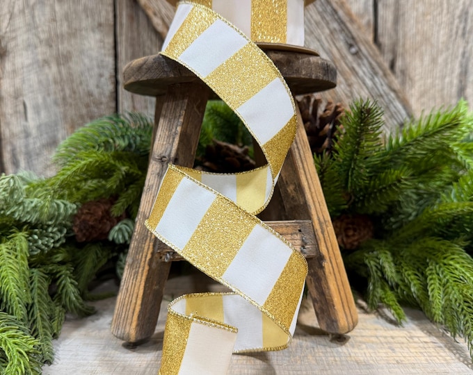 1.5 Inch Gold Glitter Stripe Wired Ribbon, White, 10 Yard Roll