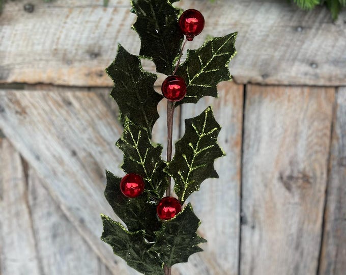 27" Red Green Velvet Holly Leaf Spray, Christmas Spray, Christmas Tree Spray, Christmas Tree Topper, Christmas Velvet Spray, Wreath Supply