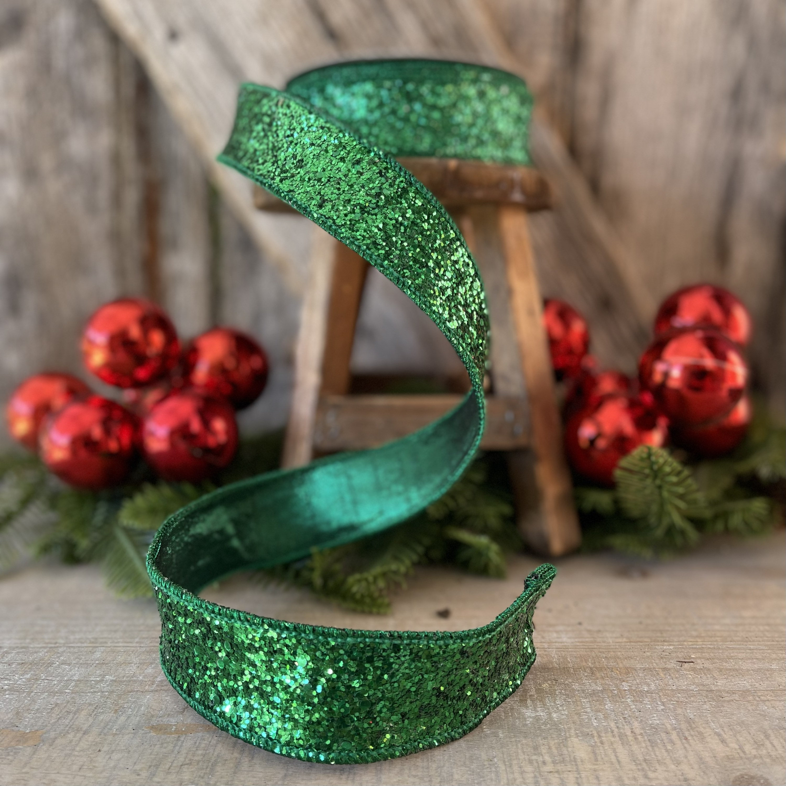 Emerald Green Gold Chunky Glitter Wired Ribbon, Farriislk Ribbon