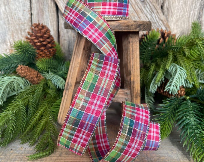 Pink Christmas Plaid Ribbon: Wired Metallic Gold Accent - 1.5" x 10 Yards