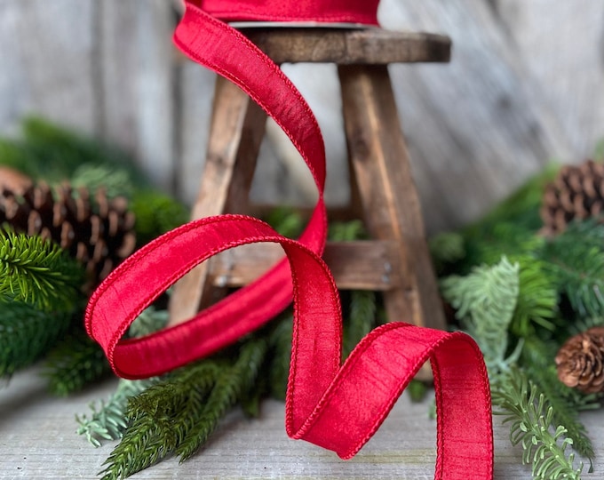7/8" Wired Ribbon, Red Ribbon, Dupioni Ribbon, Narrow Ribbon, Wreath Supply