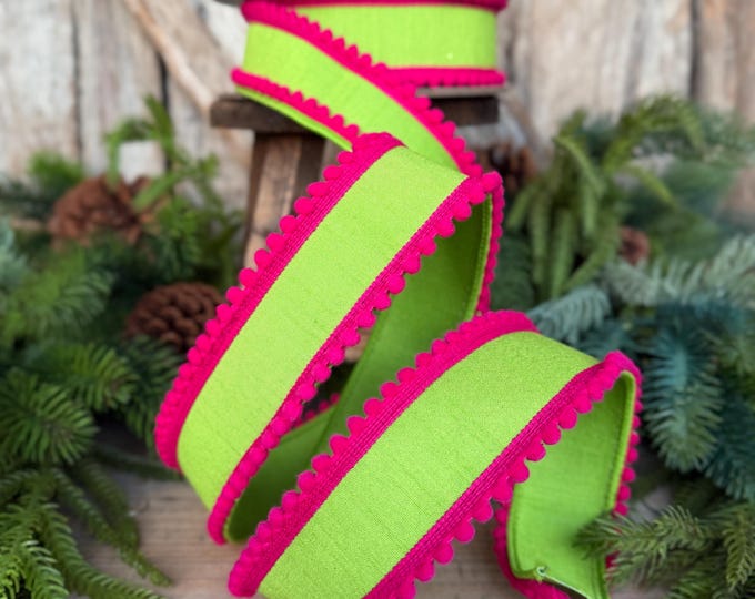 1.5" Lime Green Hot Pink Ribbon, Wired Ribbon, Designer Ribbon,  Pom Pom Ribbon, 94596W-187-09D