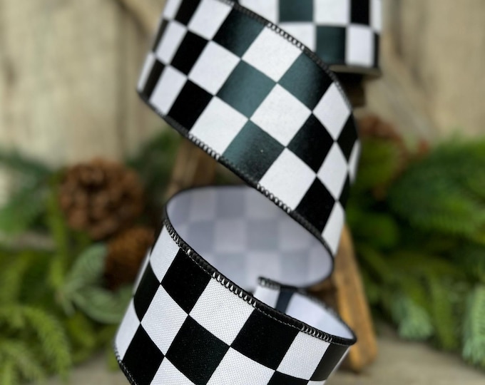 2.5" Black White Foil Check Ribbon, Farrisilk Ribbon, Checkered Ribbon, Black White Check Ribbon, RA742-92