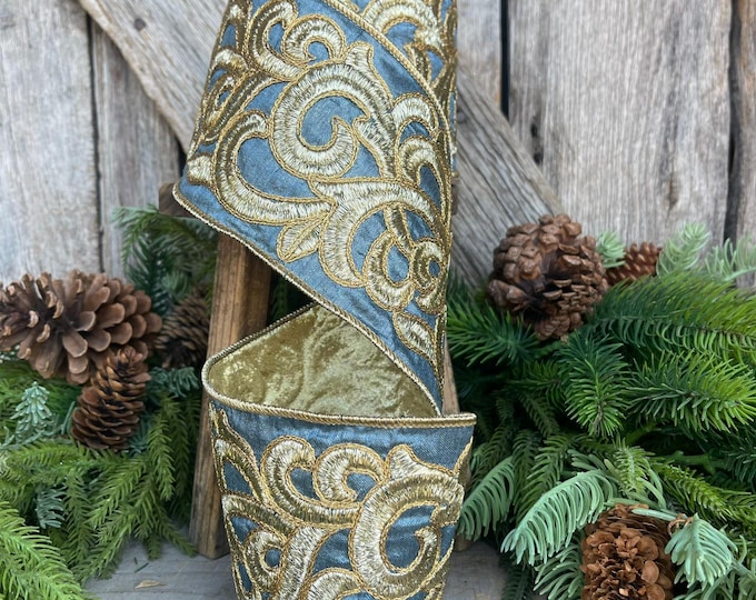 4" Steel Blue Scroll Ribbon, French Blue Scroll Ribbon, Dusty Blue Gold Ribbon, Christmas Ribbon, Blue Christmas Ribbon, Embellished Ribbon
