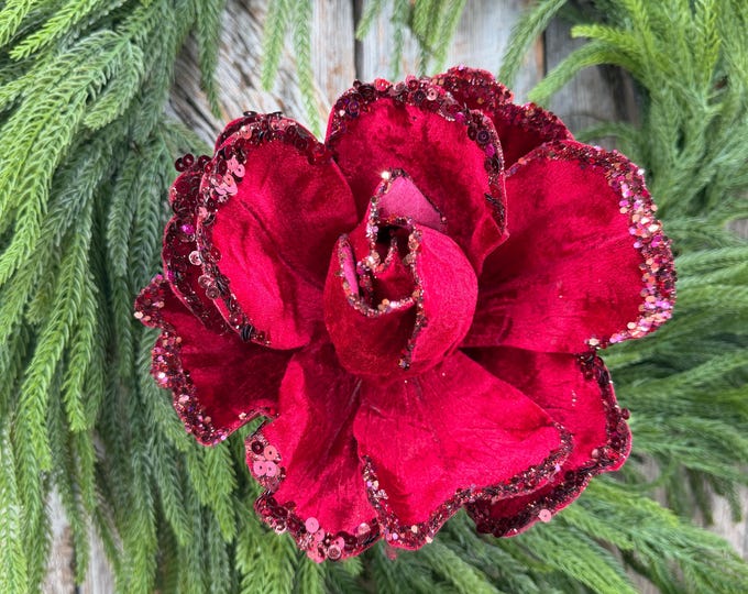 7" Jubilee Rose Ruby Velvet Flower, Farrisilk Christmas Rose