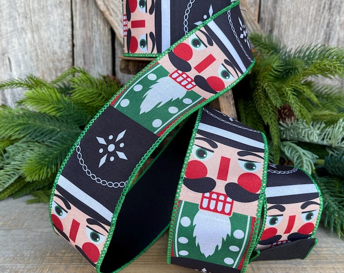 Nutcracker Christmas Ribbon, Green Nutcracker Wired Ribbon