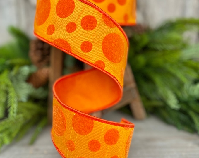 2.5" Orange Retro Dot, Farrisilk Ribbon, Flocked Ribbon, Halloween Ribbon,Wired RIbbon,Designer Ribbon, Wreath Supply, Polka Dot,RK587-52