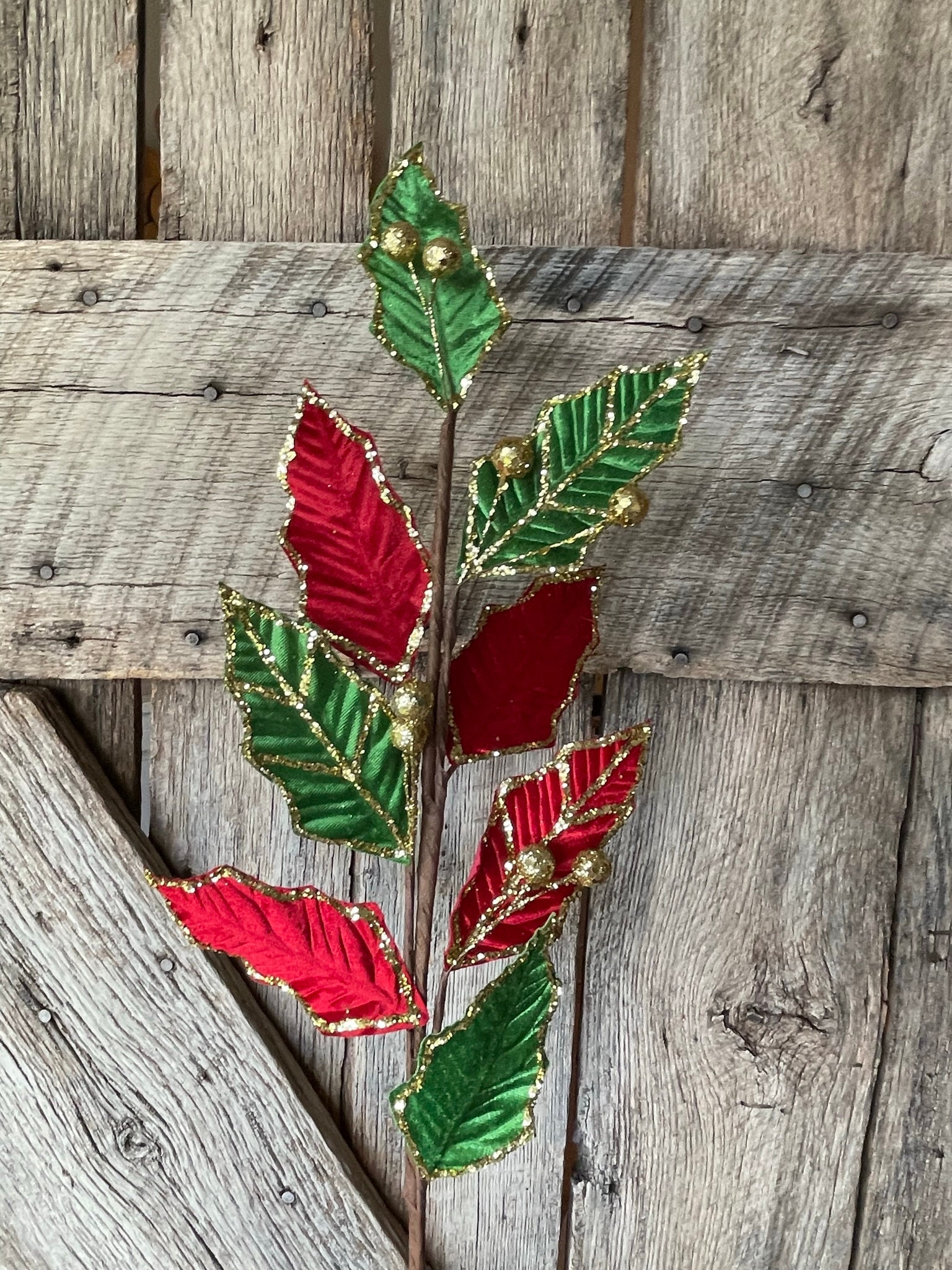 30 Red Green Velvet Holly Leaf Spray, Christmas Spray, Christmas Tree