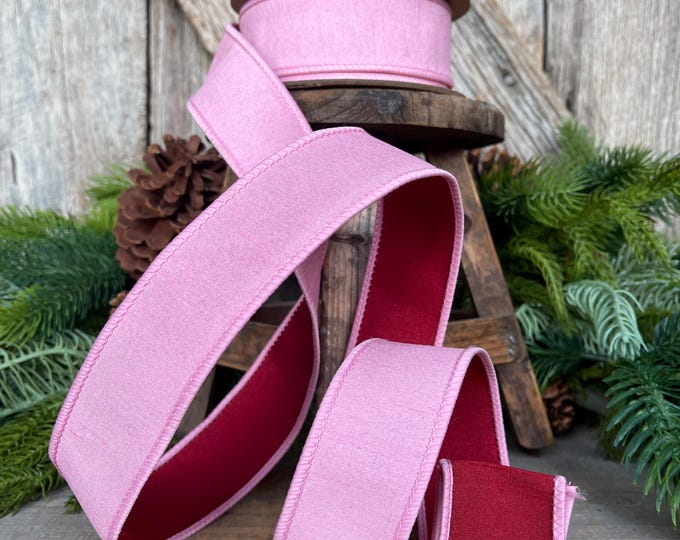 1.5" Pink & Red Ribbon, Doublesided ribbon, Christmas Ribbon, Light Pink Ribbon, Wired RIbbon, Pink Red Ribbon