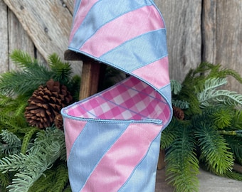 4" Pink and Blue Stripe Ribbon, Baby Blue Ribbon, Blue and Pink Diagonal Stripe Ribbon, Christmas Ribbon