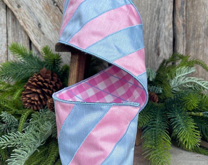 4" Pink and Blue Stripe Ribbon, Baby Blue Ribbon, Blue and Pink Diagonal Stripe Ribbon, Christmas Ribbon
