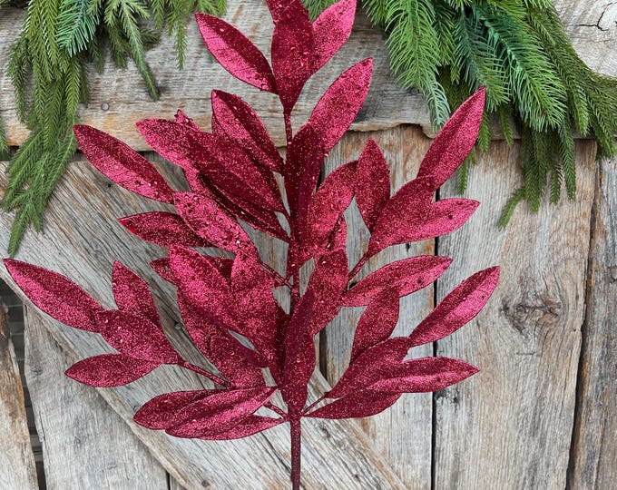 23" Burgundy Bay Leaf Glitter Spray, Burgundy Maroon Leaf Spray, Fall Leaf Spray, XS618205, Christmas Tree Decor, Burgundy Spray