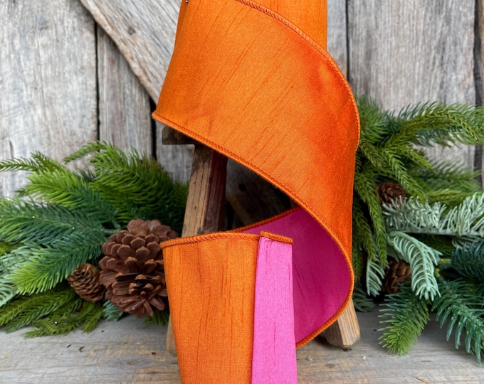 4" Orange Pink Ribbon, Wired Ribbon, Designer Ribbon, Orange Ribbon, Halloween Ribbon, Double Sided Ribbon