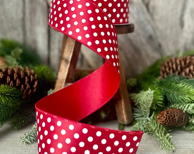 2.5" Red and White Polka dot ribbon, Farrislk Mini Dots, Christmas Ribbon, Red Christmas Ribbon for Tree, Wreath Supply, Wired Ribbon