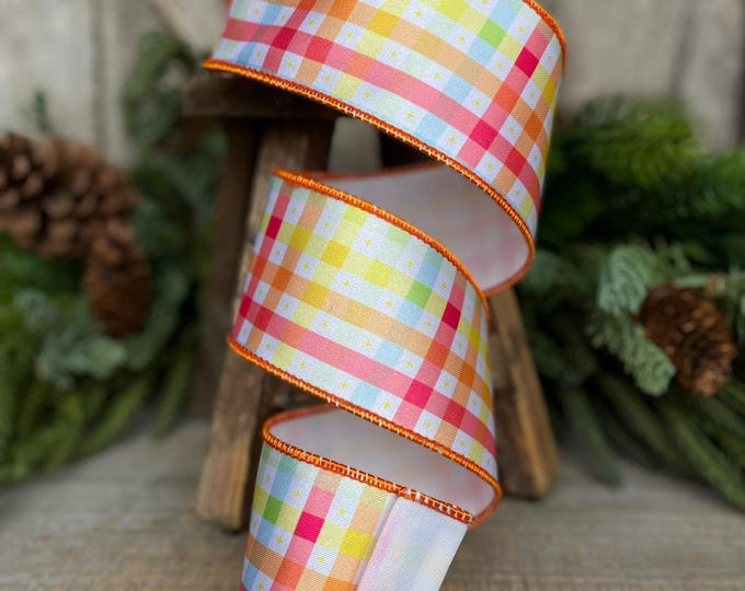 2.5" Pastel Check Plaid Ribbon, Designer Ribbon, Plaid Ribbon, Spring RIbbon, WreathSUpply, Craft supply, Ribbon for Bows, 94528W-767-40F