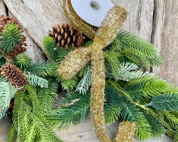 7/8" Gold Tinsel Ribbon, Gold Ribbon, Christmas Ribbon, Narrow Ribbon, Gift Wrap RIbbon, Designer Christmas, 77460-05-15