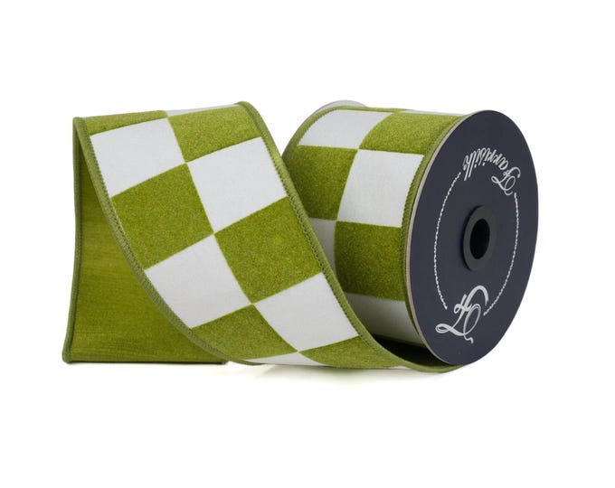 2.5" Lime Green Check Ribbon, Wired Ribbon, Farrisilk Ribbon, Lime Green White Check Ribbon, SR006-61