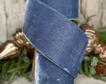 4” Steel Blue Velvet Ribbon, Velvet ribbon, Christmas Ribbon, Wired Ribbon, Winter Ribbon, Blue Ribbon, Velvet ribbon, Christmas tree decor
